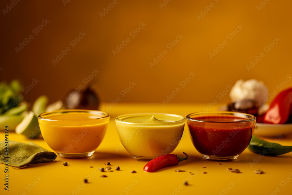 tasty cups with sauces and dips, created with generative ai