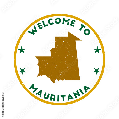 Welcome to Mauritania stamp. Grunge country round stamp with texture in Ficus Elastica color theme. Vintage style geometric Mauritania seal. Trendy vector illustration.