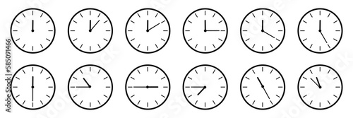 Horizontal icon set of analog clock telling each hour isolated on white, vector illustration eps10