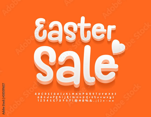 Vector creative emblem Easter Sale. White handwritten 3D Font. Playful style Alphabet Letters and Numbers.
