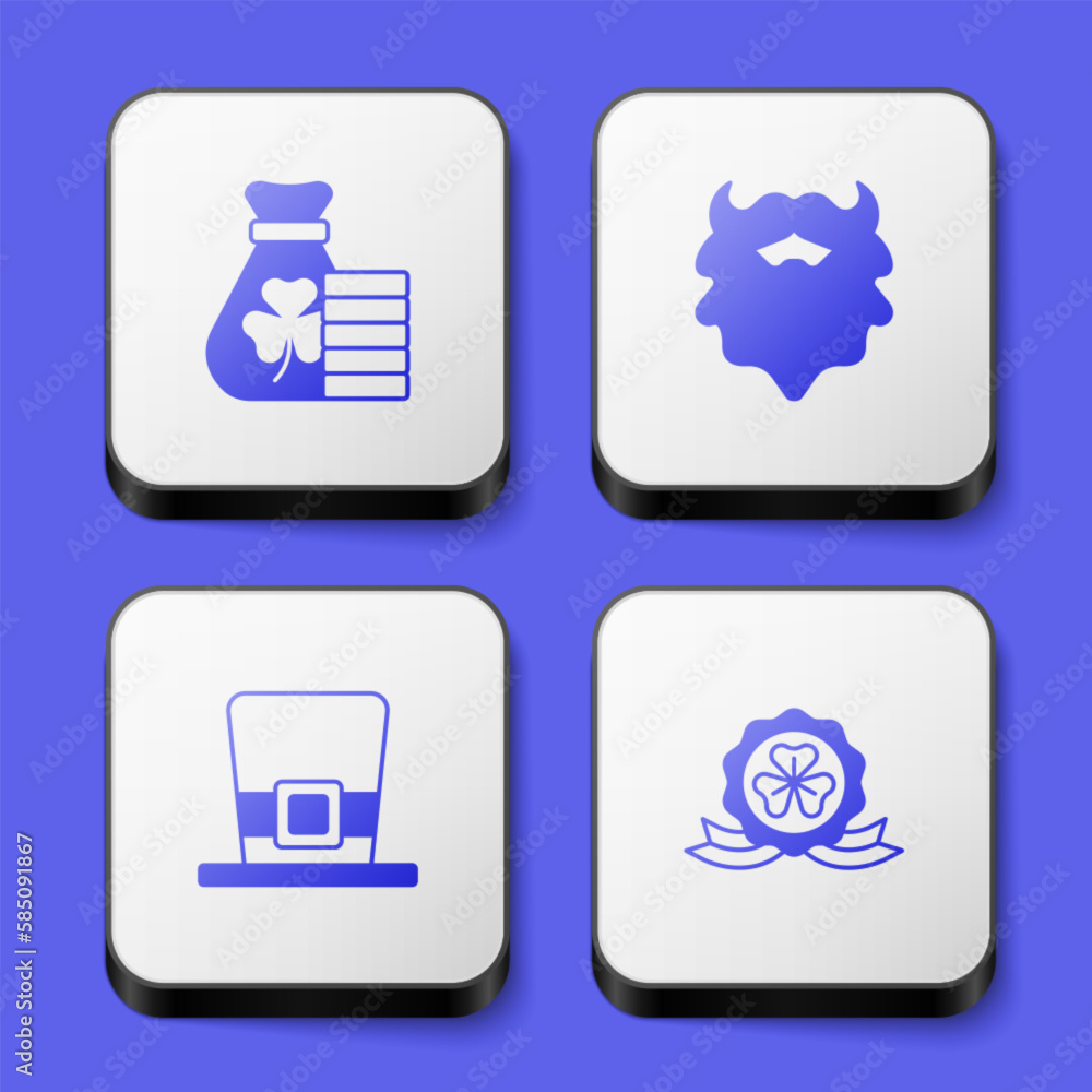 Set Money bag with clover, Mustache and beard, Leprechaun hat and Medal icon. White square button. Vector Set Money bag with clover, Mustache and beard, Leprechaun hat and Medal icon. White square button. Vector