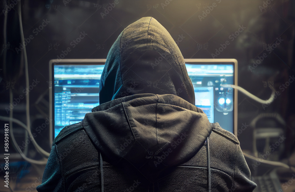 The hacker is doing his favorite job. He sits in an armchair at his desk and does something on the computer, probably stealing data. Internet crime. Generative AI. The hacker is doing his favorite job. He sits in an armchair at his desk and does something on the computer, probably stealing data. Internet crime. Generative AI.