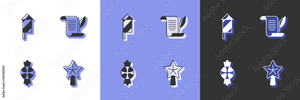 Set Christmas star, Firework rocket, Candy and Envelope icon. Vector
