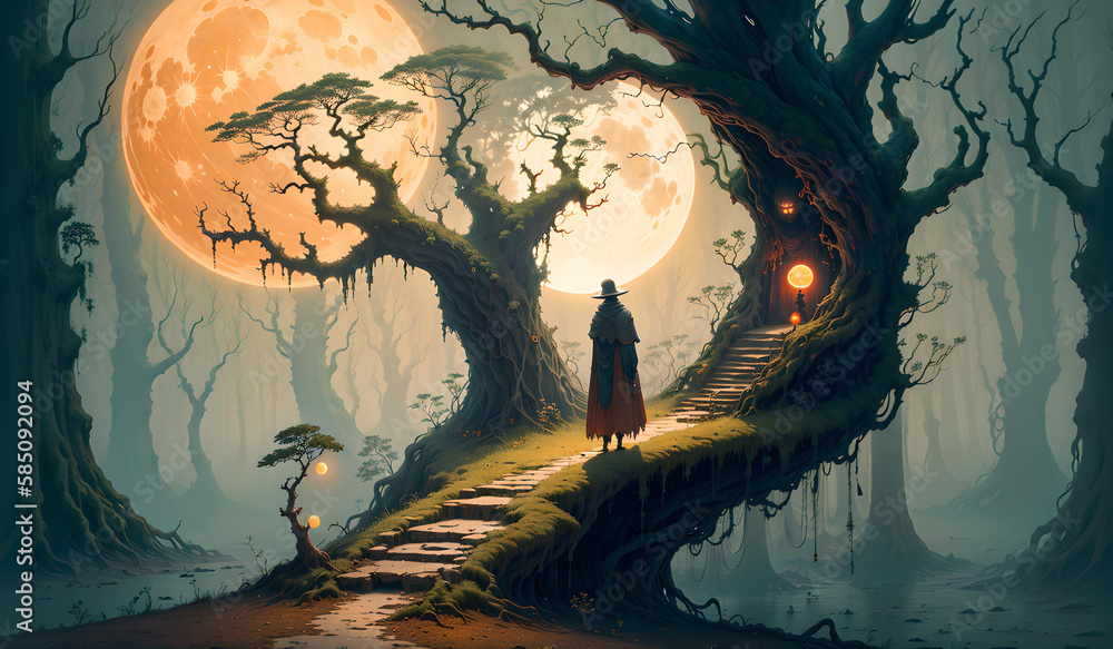 Photo of a man standing on a path under a full moon in a beautiful landscape painting