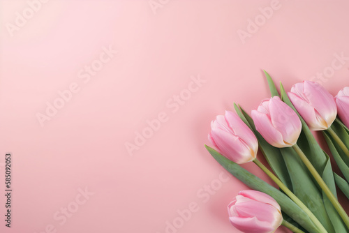 Fototapeta Naklejka Na Ścianę i Meble -  Bouquet of pastel pink colored tulips flowers on pastel pink background. Valentine's Day, Easter, Birthday, Happy Women's Day, Mother's Day. Flat lay, top view, copy space
