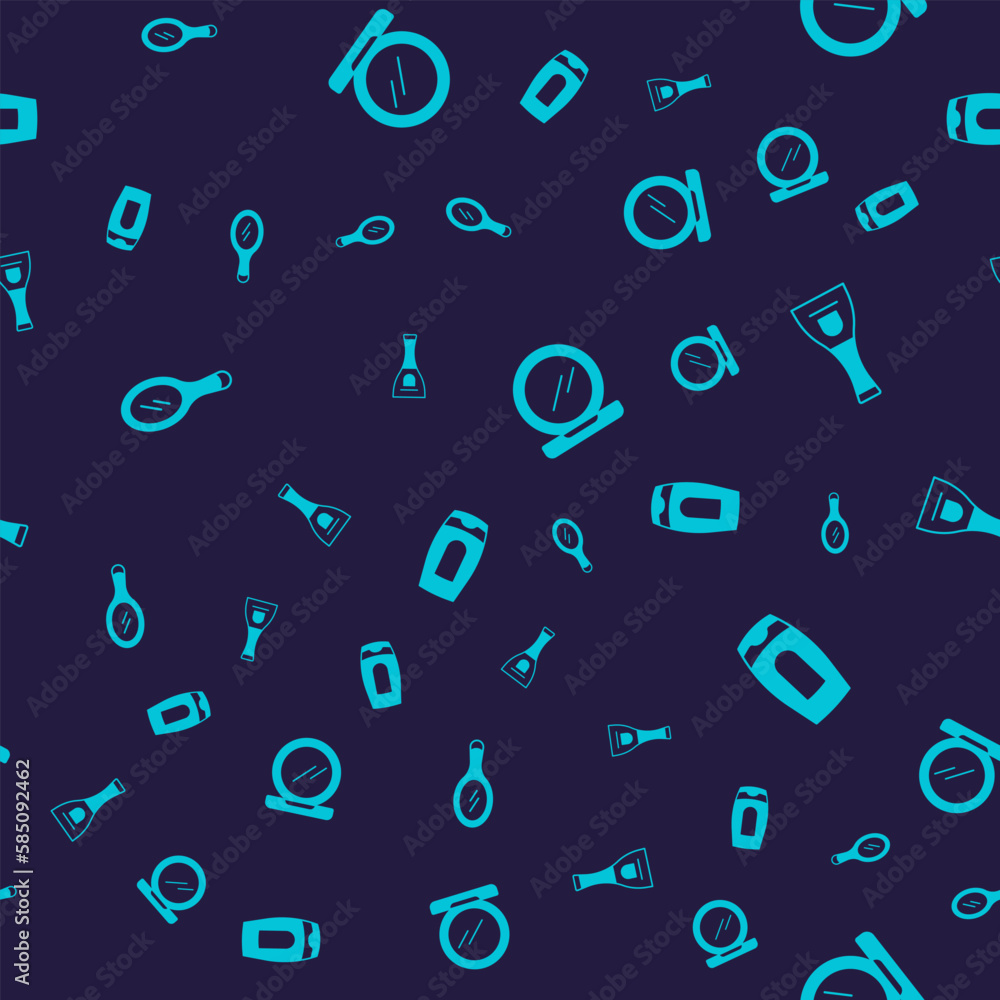 Set Hand mirror, Bottle of nail polish, Makeup powder with and shampoo on seamless pattern. Vector