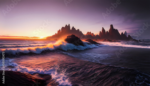 Ocean waves horizon sunset canvas painting wall art powerful waves anime style generative ai for childrens books, stories fairy tales