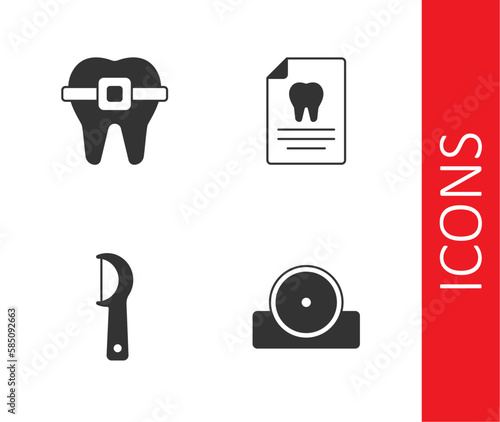 Set Otolaryngological head reflector, Teeth with braces, Dental floss and Clipboard dental card icon. Vector
