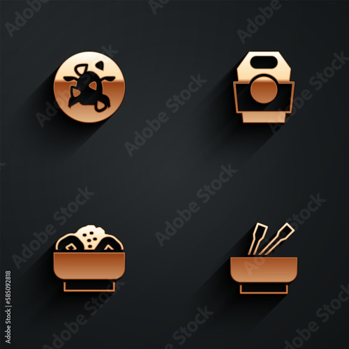 Set Kung Pao chicken, Asian noodles in paper box, Chow mein on plate and bowl icon with long shadow. Vector