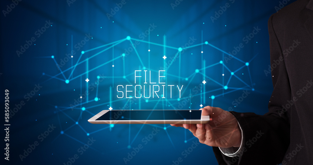 Person holding tablet, security concept Person holding tablet, security concept