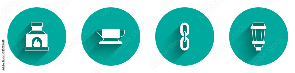 Set Blacksmith oven, anvil tool, Chain link and Garden light lamp icon with long shadow. Vector Set Blacksmith oven, anvil tool, Chain link and Garden light lamp icon with long shadow. Vector