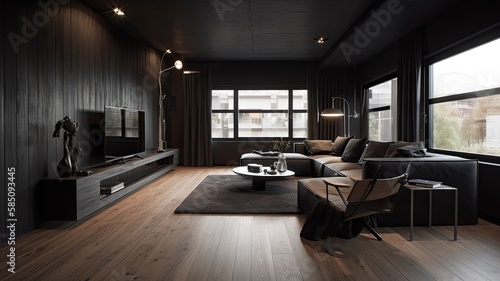 Modern living room by black wooden style, interior