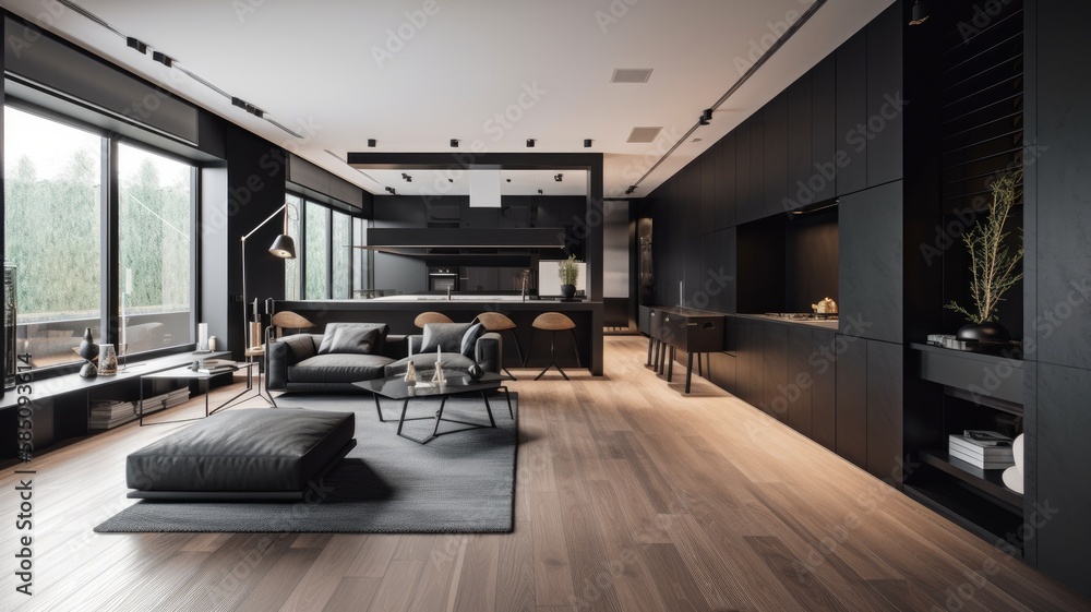 Fototapeta premium Modern living room by black wooden style, interior