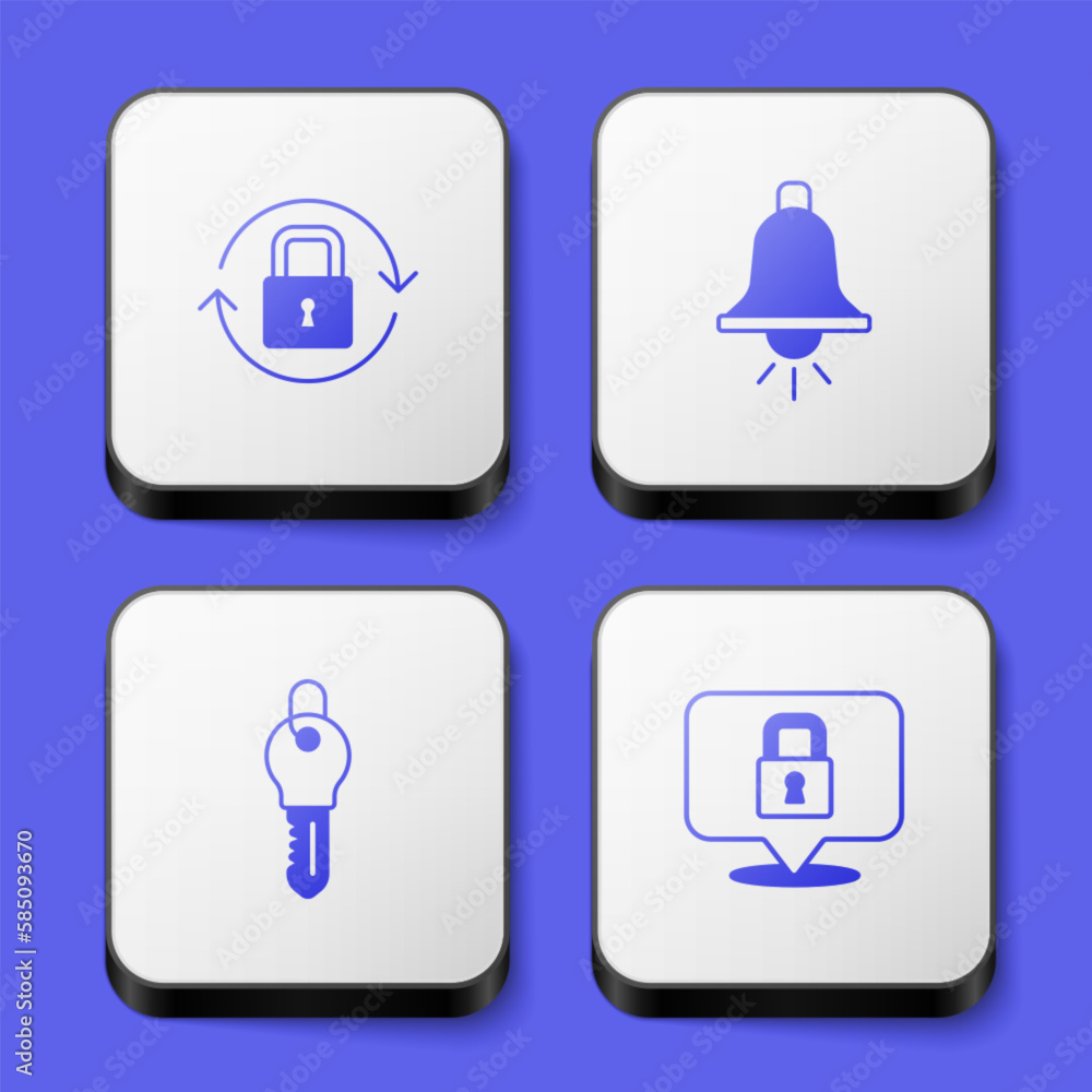 Set Lock, Ringing alarm bell, Key and icon. White square button. Vector Set Lock, Ringing alarm bell, Key and icon. White square button. Vector