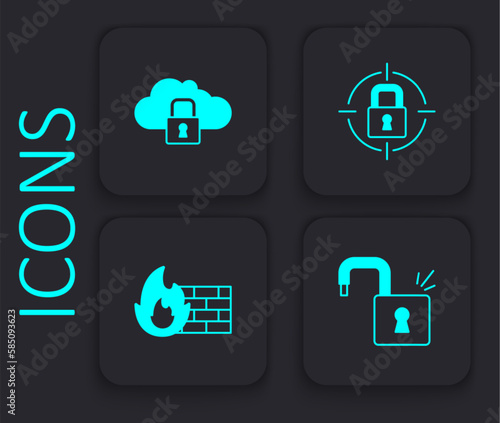 Set Open padlock, Cloud computing, Lock and Firewall, security wall icon. Black square button. Vector