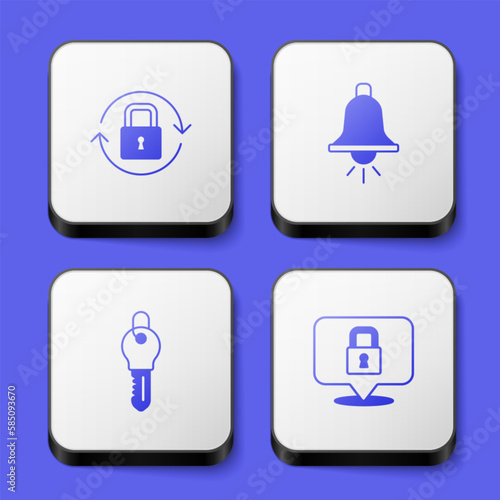 Set Lock  Ringing alarm bell  Key and icon. White square button. Vector