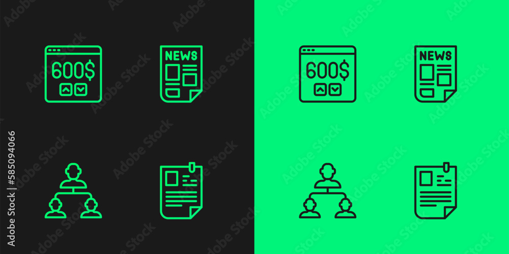 Set line Resume, Employee hierarchy, Monitor with dollar and News icon. Vector Set line Resume, Employee hierarchy, Monitor with dollar and News icon. Vector