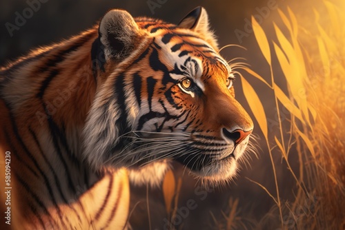 A beautiful photography of a tiger in a jungle with Generative AI technology