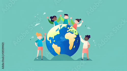 Fototapeta Naklejka Na Ścianę i Meble -  children playing together with planet earth. concept illustration of earth day and environmental preservation. generative ai