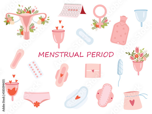 Menstruation theme. Period. Various feminine hygiene products. Menstrual protection, feminine hygiene.