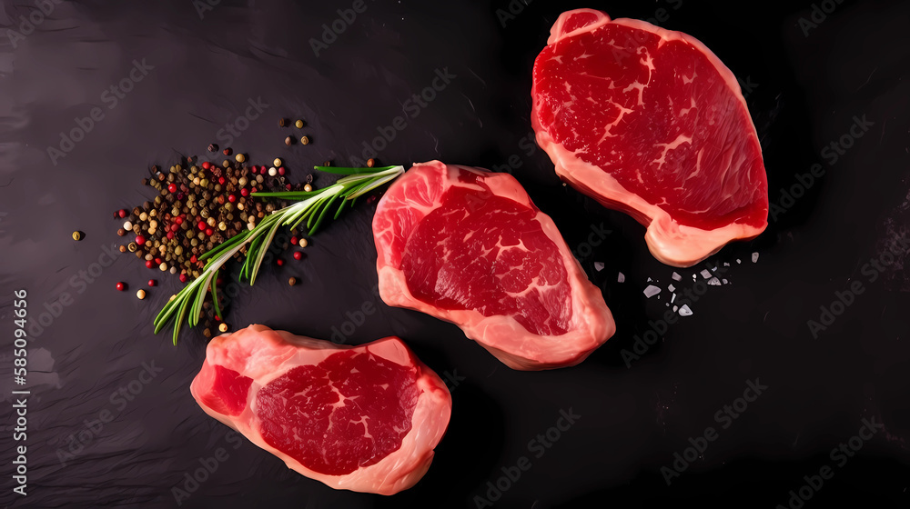 red raw beef steaks flat lay top view generative ai