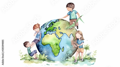 Fototapeta Naklejka Na Ścianę i Meble -  children playing together with planet earth. concept illustration of earth day and environmental preservation. generative ai