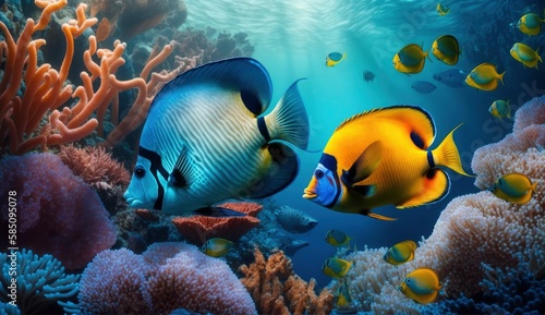 Animals of the underwater sea world. Ecosystem. Colorful tropical fish. Life in the coral reef. (ai generated)
