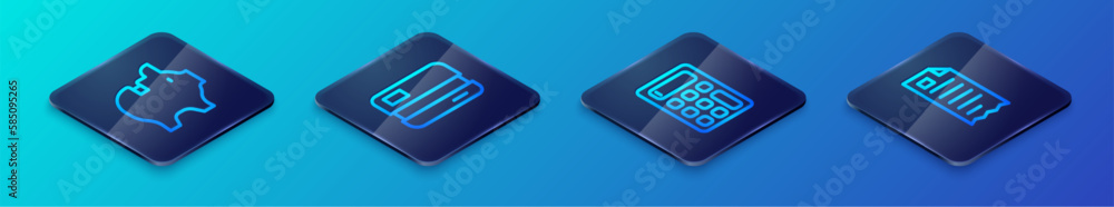 Set Isometric line Calculator, Piggy bank, Financial check and Credit card icon. Vector Set Isometric line Calculator, Piggy bank, Financial check and Credit card icon. Vector
