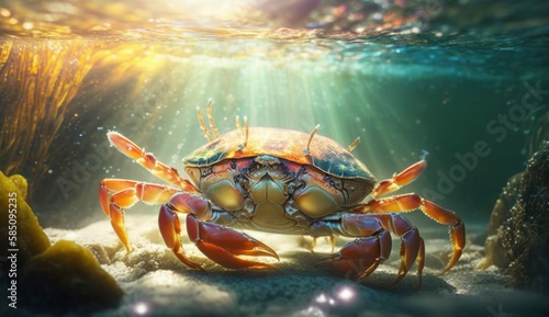 Underwater closeup picture of the mangrove ( rainbow ) crab and sunlight in the ocean coral reef (ai generated)