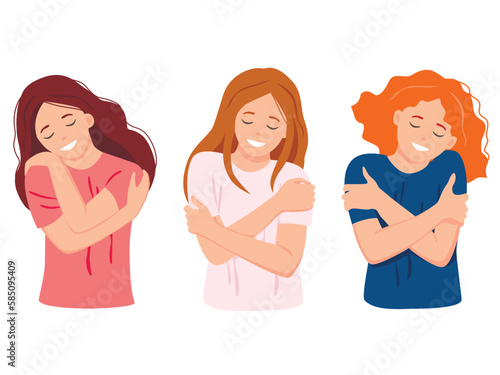 Women hugging herselfs on white background. Love yourself concept. Vector illustration.