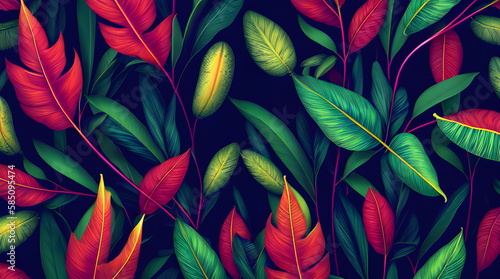 Foliage Leaves Background Botanical Flowers with copy space  An Artistic Creation of Exotic Leaves in Warm Summery Colors Through Generative AI