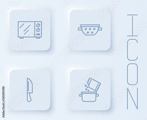 Set line Microwave oven, Kitchen colander, Knife and Cooking pot spice. White square button. Vector