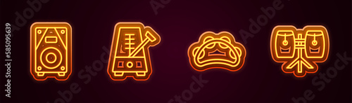 Set line Stereo speaker, Metronome with pendulum, Tambourine and Conga drums. Glowing neon icon. Vector