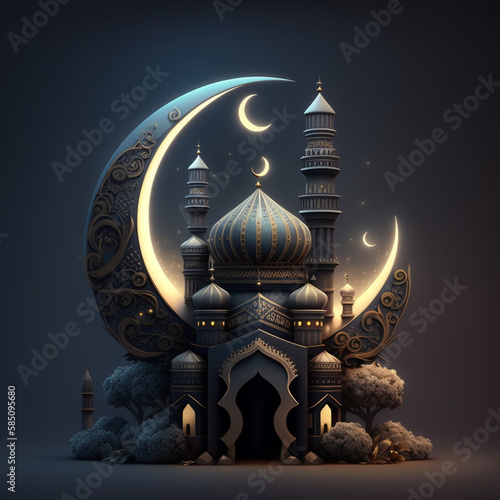 Crescent shaped moon and mosque in front of night cloudy and starry sky. Ramadan, the holy month of all muslims. Generative AI.