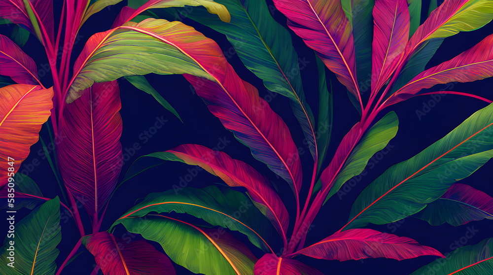 Fototapeta premium Foliage Leaves Background Botanical Flowers with copy space An Artistic Creation of Exotic Leaves in Warm Summery Colors Through Generative AI