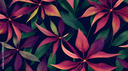 Foliage Leaves Background Botanical Flowers with copy space An Artistic Creation of Exotic Leaves in Warm Summery Colors Through Generative AI