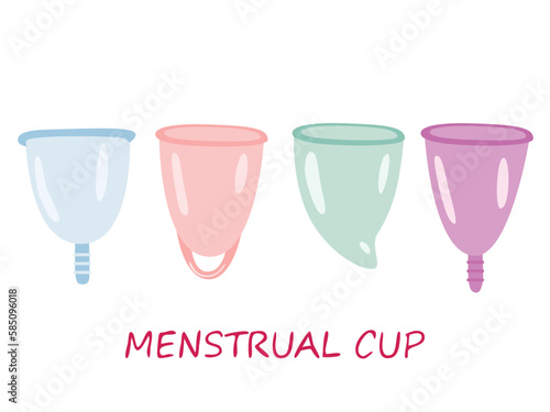 Menstrual cups icons set in flat style. For ads, shop, womans magazine. Vector illustration.