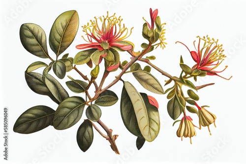 Lonicera Periclymenum Botanical Illustration, Honeysuckles, Abstract Generative AI Illustration photo