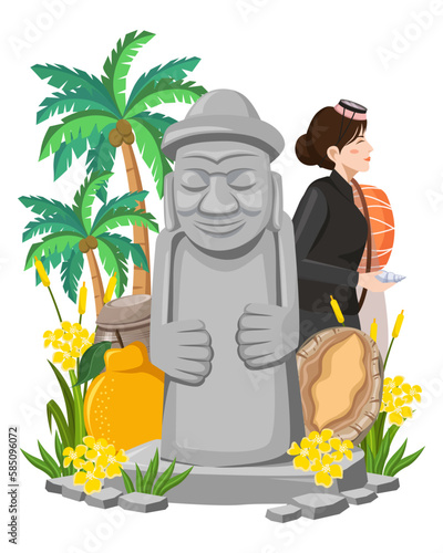 Jeju Island landmarks illustration. Grandfather stone statue, female diver,   canola flowers, tangerine, and abalone.