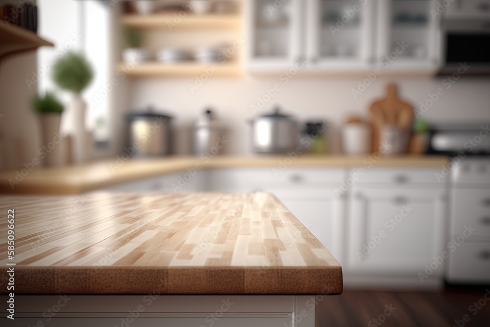 Light Wood Table on Blurred Kitchen Background, Modern Wooden Table Mockup for Montage Product Display, Generative AI Illustration Light Wood Table on Blurred Kitchen Background, Modern Wooden Table Mockup for Montage Product Display, Generative AI Illustration