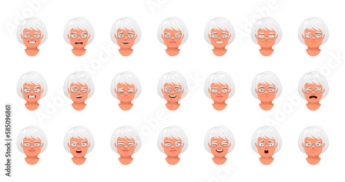 Set of different emotions of an old white woman in glasses. Facial expression of a beautiful elderly woman with gray hair. Smile, happiness, anger, disappointment, sadness, surprise, fear.