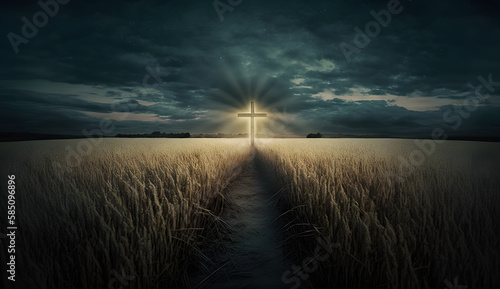 Christian cross in the distance, behind a large wheat field with dark clouds above, Generative AI