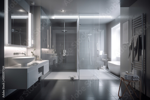 3D rendering bright bathroom interior with bathtub, silk, decoration, and generative AI tool.