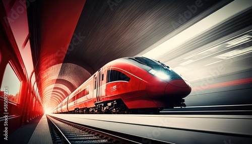 Modern electric passenger high-speed train is rushing along the tracks  in motion. Generative AI