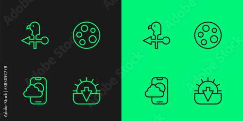 Set line Sunset, Weather forecast app, Rooster weather vane and Moon icon. Vector