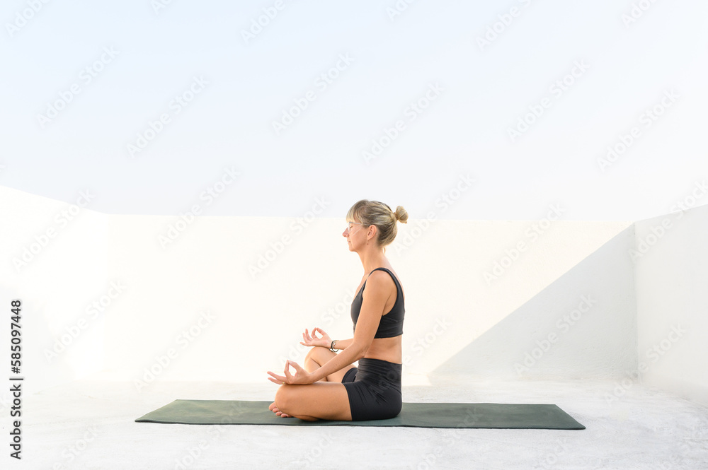 Fototapeta premium Healthy woman practicing relaxation yoga at home