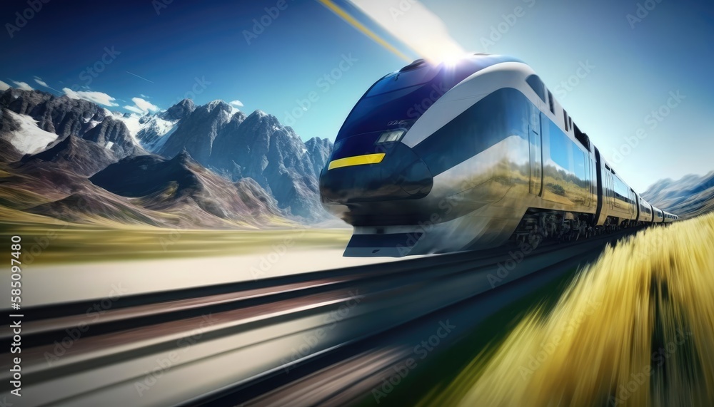 Obraz premium Modern electric passenger high-speed train is rushing along the tracks, in motion. Generative AI