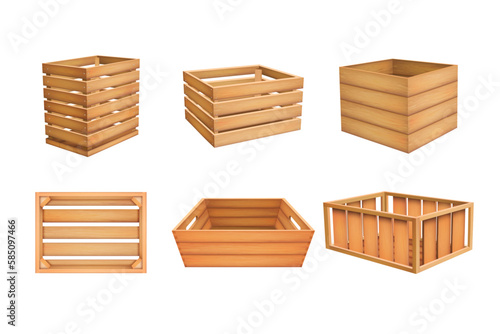 Realistic wooden box. Food crate. Wood basket. Pallet and drawer. 3D vegetable case for export or deliver. Old garden container. Shipping packaging. Vector square storage packages set