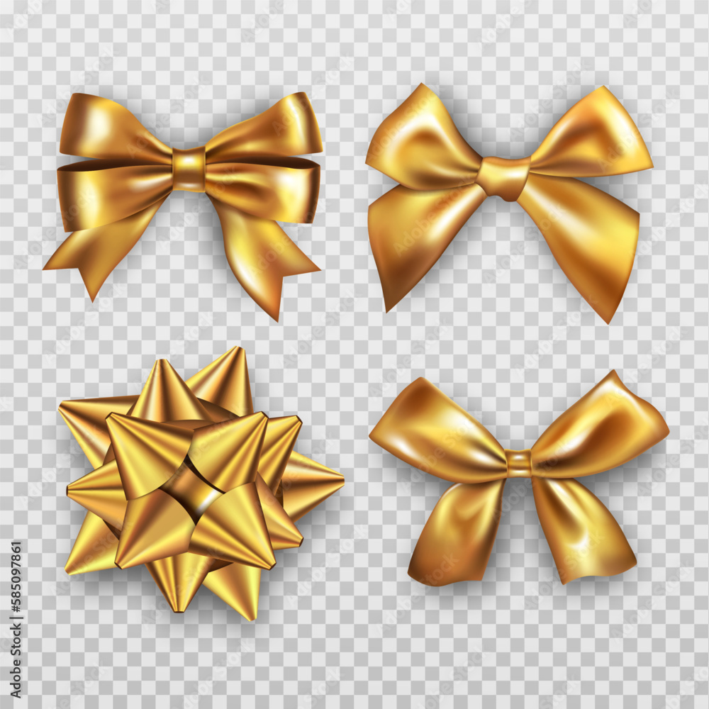 Realistic gold bow, gift ribbon. Golden tie box package, christmas or birthday present, silk holiday fabric decoration, elegant tape. 3d isolated elements. Vector isolated illustration Realistic gold bow, gift ribbon. Golden tie box package, christmas or birthday present, silk holiday fabric decoration, elegant tape. 3d isolated elements. Vector isolated illustration