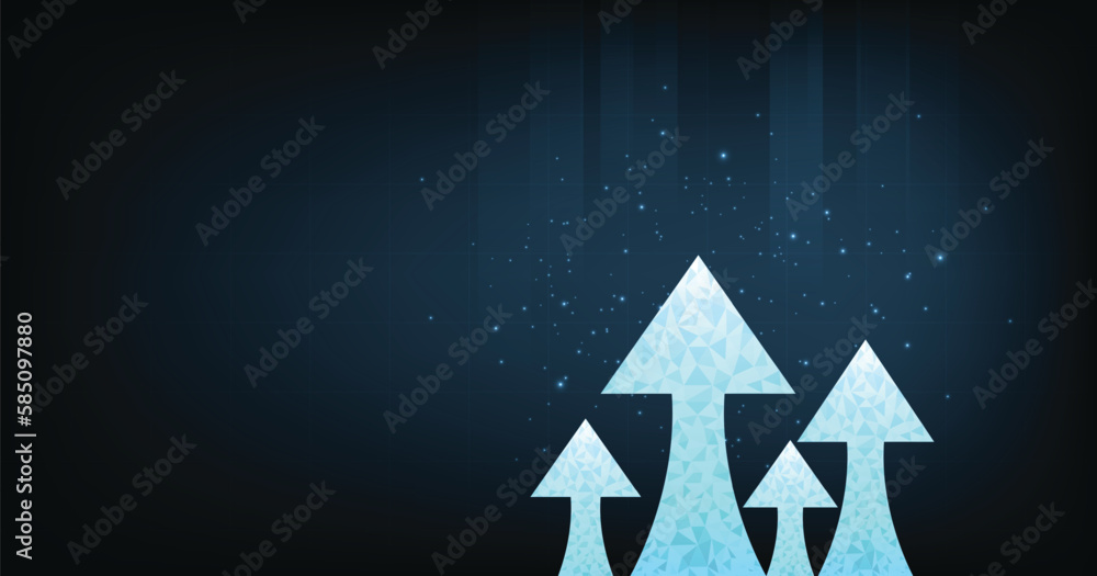 Growth business on successful with arrow up digital on dark blue background. growing graph arrow icon from triangle line particle design low poly.Concept of goals to be successful.